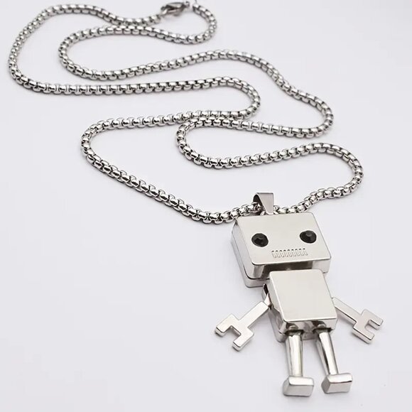 Silver Robot Pendant Necklace Cute Cartoon Toy Figure Geek Gamer Gift Unisex - Picture 3 of 7